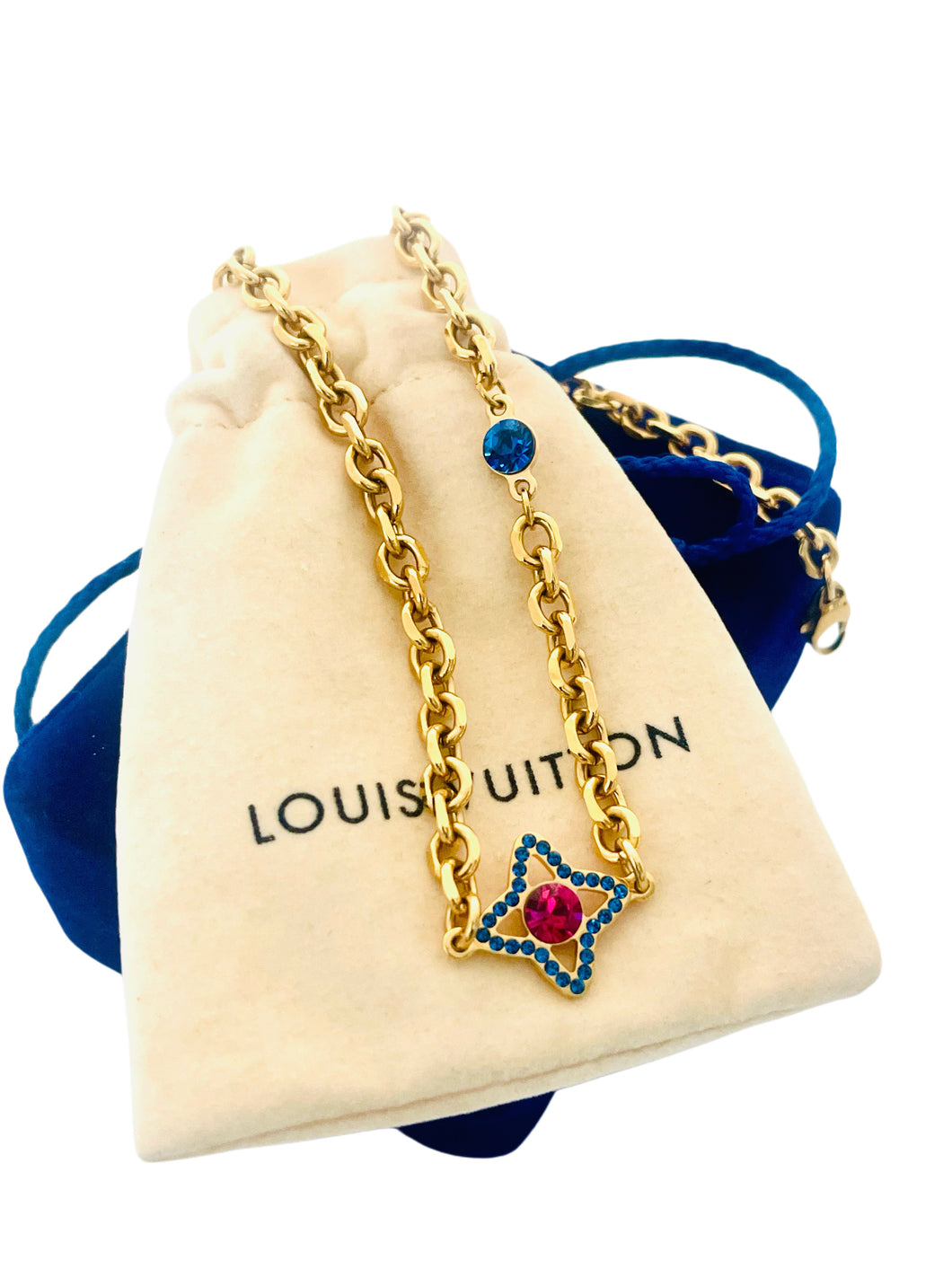 *Very Rare* Medium Repurposed Louis Vuitton Royal Blue & Magenta Swarovski Crystal Charm Vintage Necklace