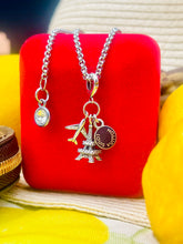Load image into Gallery viewer, Repurposed Navy Blue &amp; Silver Tone Louis Vuitton Eiffel Tower Travel Necklace