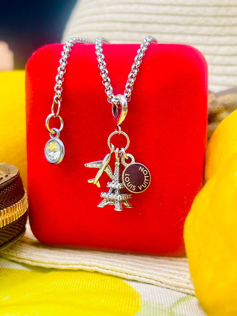 Repurposed Navy Blue & Silver Tone Louis Vuitton Eiffel Tower Travel Necklace