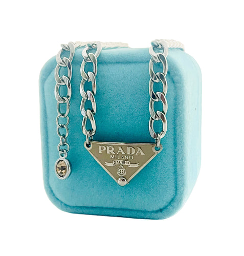 Repurposed Beige & Silver PRADA Tag Hardware Necklace