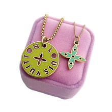 Load image into Gallery viewer, Repurposed Large  Louis Vuitton Lime Green &amp; Magenta Logo Cut~Out Necklace