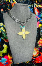 Load image into Gallery viewer, X~Large Repurposed Louis Vuitton Light Yellow &amp; Silver Flower Charm Necklace