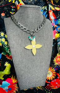 X~Large Repurposed Louis Vuitton Light Yellow & Silver Flower Charm Necklace