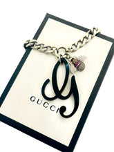 Load image into Gallery viewer, Repurposed Black Resin Gucci Cursive G Charm &amp; Removable Crystal Pavè Bee Necklace