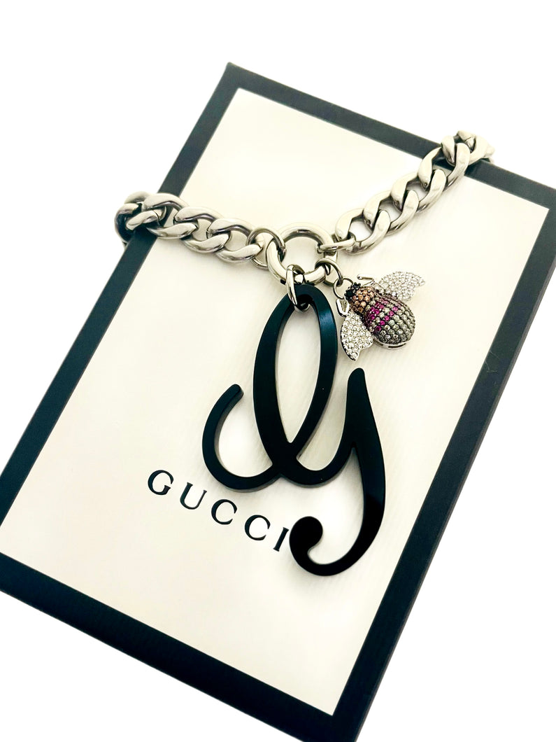 Repurposed Black Resin Gucci Cursive G Charm & Removable Crystal Pavè Bee Necklace