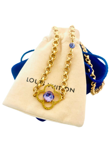 *Very Rare* Large Repurposed Louis Vuitton Purple & Lime Green Swarovski Crystal Flower Charm Necklace