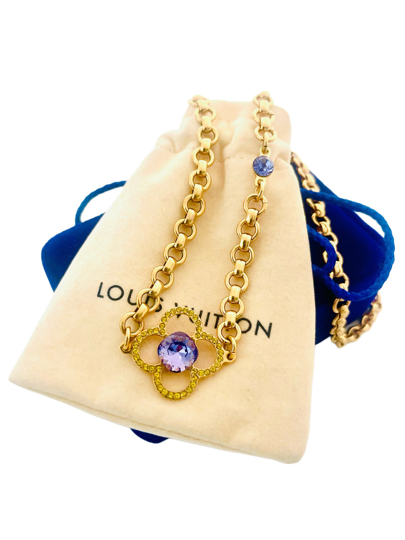 *Very Rare* Large Repurposed Louis Vuitton Purple & Lime Green Swarovski Crystal Flower Charm Necklace