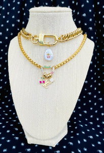 Repurposed Louis Vuitton Keyclasp Mother of Pearl & Heart Charm Necklace