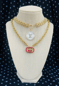 Repurposed Red Enameled & Gold Interlocking GG 90’s Vintage Gucci Charm Necklace