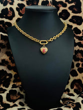 Load image into Gallery viewer, Repurposed Louis Vuitton Small/Medium Gold &amp; Hot Pink Removable/ Reversible Heart Charm Necklace