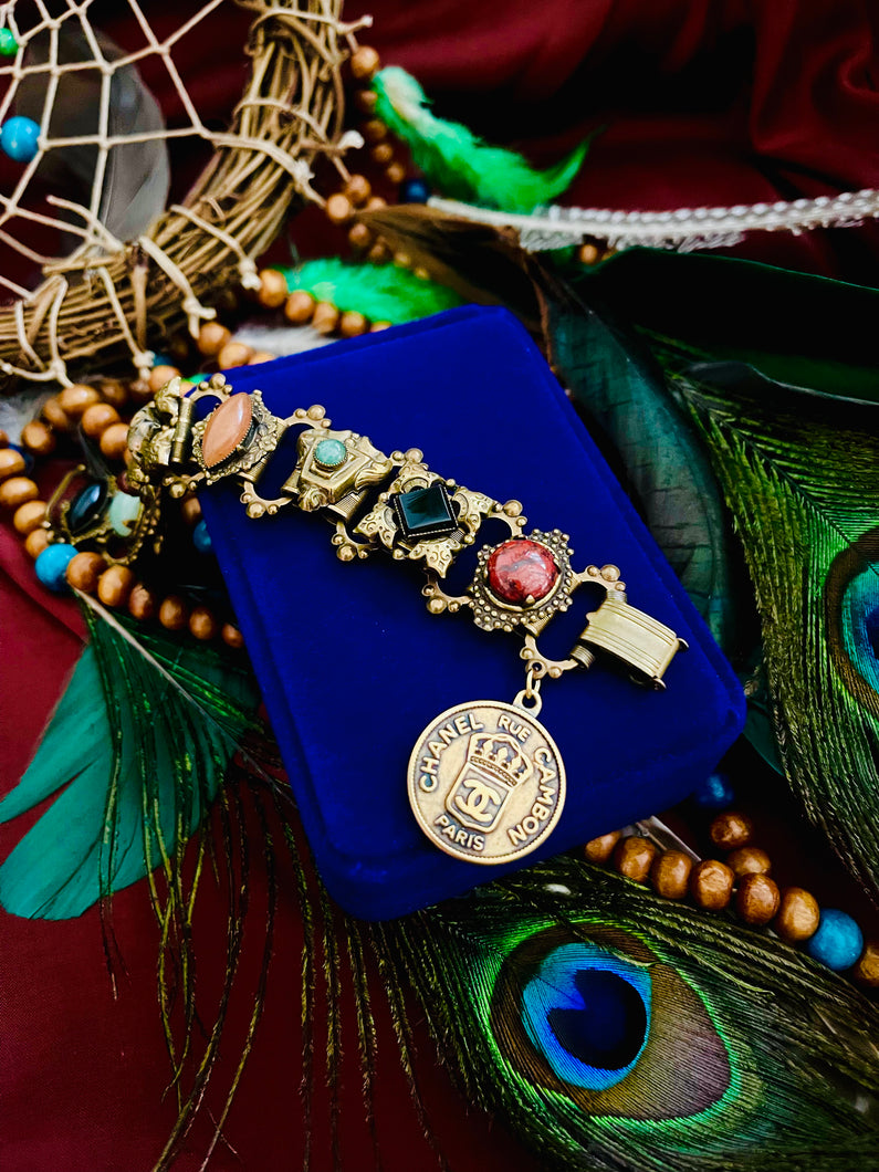 *One of a Kind*Repurposed 31 Rue Cambon Paris CC Coin Vintage Gemstone Bracelet (Fits up to 6.5” wrist)