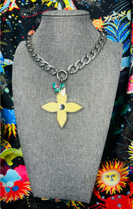 X~Large Repurposed Louis Vuitton Light Yellow & Silver Flower Charm Necklace