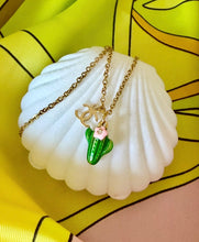 Load image into Gallery viewer, Repurposed Mini CC Charm &amp; Puffy Enameled Flower Cactus Necklace