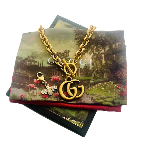 Repurposed Gold Medium Interlocking GG & Bee Charm Gucci Necklace