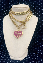 Load image into Gallery viewer, X~Large Repurposed  Burgundy &amp; Gold Prada Heart Charm Necklace