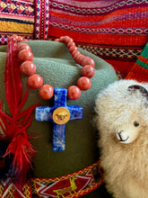 Load image into Gallery viewer, Repurposed Versace Medusa Coin Hand~Beaded 8mm Red Jasper &amp; Lapis Necklace