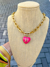 Load image into Gallery viewer, Repurposed Large Louis Vuitton Hot Pink &amp; Gold Reversible Puffy Heart Charm Lollipop Necklace