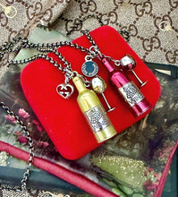 Load image into Gallery viewer, Repurposed Interlocking GG Gucci Heart &amp; White Wine Bottle/Glass Charm Necklace