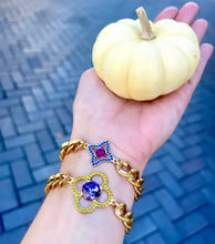 Load image into Gallery viewer, *Very Rare* Large Repurposed Louis Vuitton Lime &amp; Purple Crystal Charm Vintage Bracelet