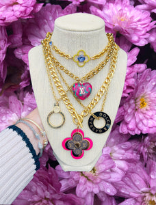 *Very Rare* Large Repurposed Louis Vuitton Purple & Lime Green Flower Charm Toggle Necklace