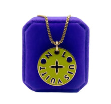 Load image into Gallery viewer, Repurposed Large  Louis Vuitton Lime Green &amp; Magenta Logo Cut~Out Necklace