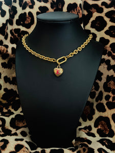 Repurposed Louis Vuitton Small/Medium Gold & Hot Pink Removable/ Reversible Heart Charm Necklace