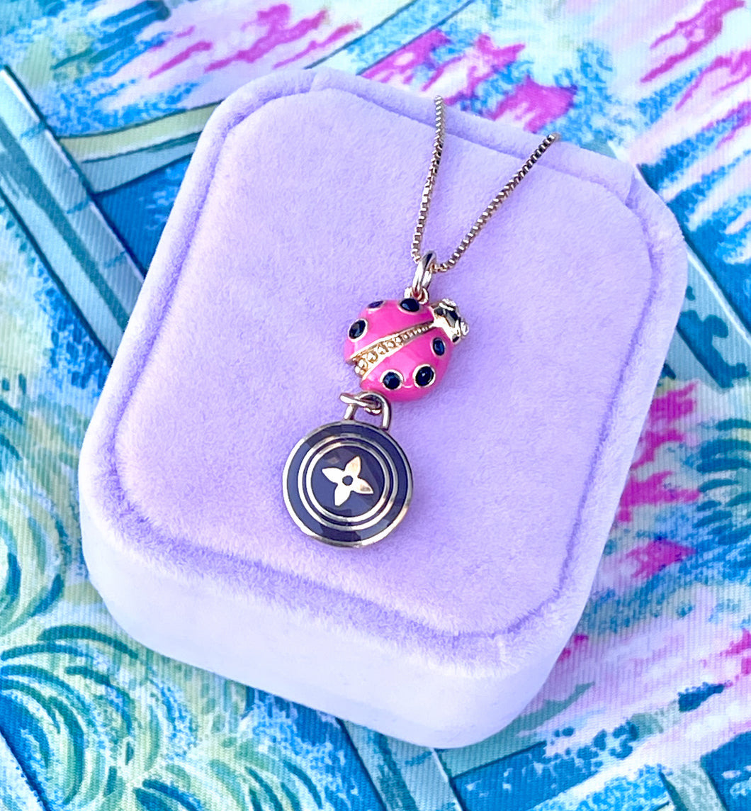 Repurposed Louis Vuitton Coin & Pink Enameled Ladybug Charm Necklace