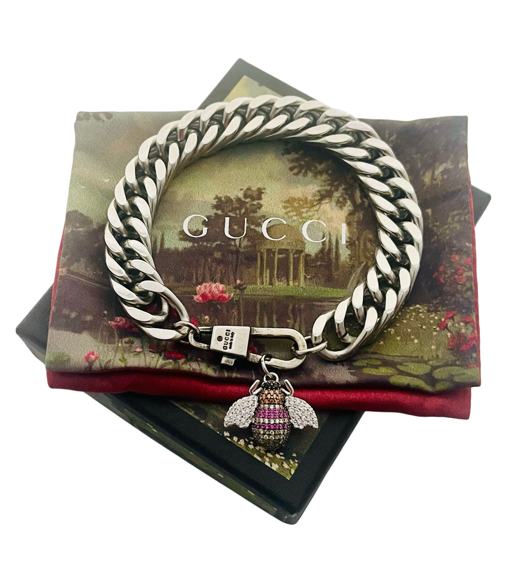 Repurposed Gucci Key Clasp & Multicolor Crystal Bee Charm Bracelet