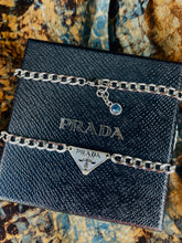 Load image into Gallery viewer, Repurposed Icy Blue &amp; Silver PRADA Tag Hardware Necklace