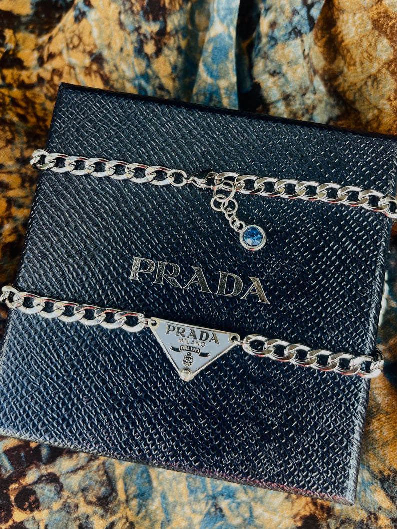Repurposed Icy Blue & Silver PRADA Tag Hardware Necklace