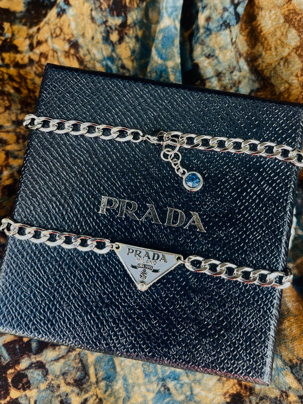 Repurposed Icy Blue & Silver PRADA Tag Hardware Necklace