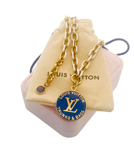 *Rare* Large Navy Blue & Gold Louis Vuitton Trunks & Bags Coin Necklace