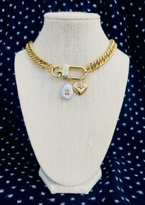 Repurposed Louis Vuitton Keyclasp Mother of Pearl & Heart Charm Necklace