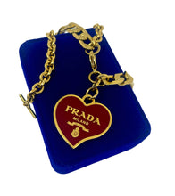 Load image into Gallery viewer, X~Large Repurposed  Burgundy &amp; Gold Prada Heart Charm Necklace