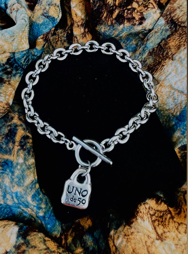 Repurposed Uno de 50 Sterling Padlock Toggle Bracelet
