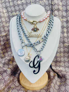 Repurposed Black Resin Gucci Cursive G Charm & Removable Crystal Pavè Bee Necklace