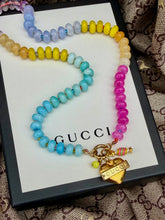 Load image into Gallery viewer, Repurposed Gucci Tag Multicolored Heart Crystal Carabiner Necklace/Gold Tone Chain Included