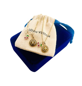 Repurposed Louis Vuitton Gold & Café Signature Logo Coin & Cherry Charm Necklace