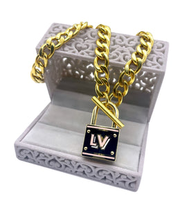 *Very Rare* Repurposed Louis Vuitton Pink & Black Padlock Toggle Necklace