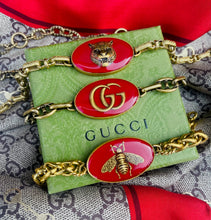 Load image into Gallery viewer, *Very Rare* Repurposed Gucci Tiger Charm Red &amp; Gold Tone Vintage Necklace