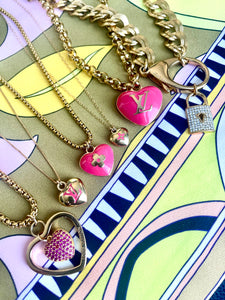 Repurposed Large Louis Vuitton Heart Cut-Out & Crystal Charm Reversible Necklace