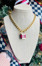 Load image into Gallery viewer, Repurposed Louis Vuitton Burgundy &amp; Gold Padlock Necklace
