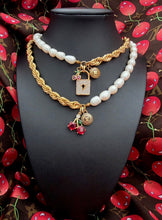 Load image into Gallery viewer, Repurposed Louis Vuitton Gold &amp; Cafè Coin Asymmetrical Freshwater Pearl Necklace
