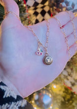 Load image into Gallery viewer, Repurposed Louis Vuitton Gold &amp; Café Signature Logo Coin &amp; Cherry Charm Necklace