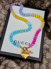 Load image into Gallery viewer, Repurposed Gucci Tag Multicolored Heart Crystal Carabiner Necklace/Gold Tone Chain Included
