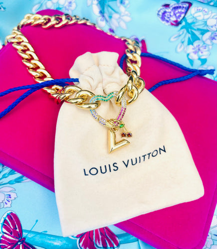 Repurposed Louis Vuitton “V” Charm & Crystal Heart Carabiner Vintage Necklace