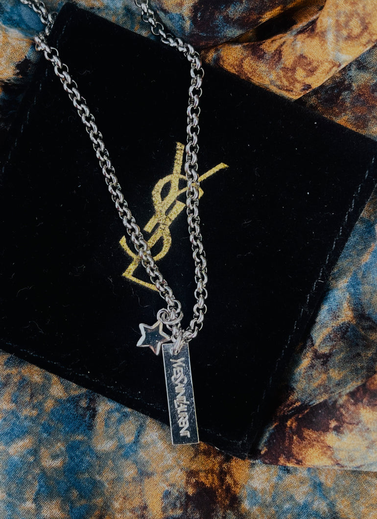 Repurposed Yves Saint Laurent Vertical Bar & Sterling Star Charm Rolo Necklace