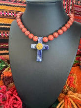 Load image into Gallery viewer, Repurposed Versace Medusa Coin Hand~Beaded 8mm Red Jasper &amp; Lapis Necklace