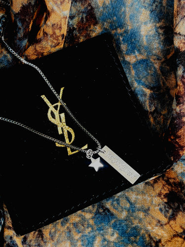 Repurposed Yves Saint Laurent Vertical Bar & Sterling Star Charm Necklace