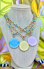 Load image into Gallery viewer, *Rare* X~Large Repurposed Baby Blue &amp; Gold Louis Vuitton Trunks &amp; Bags Coin Necklace